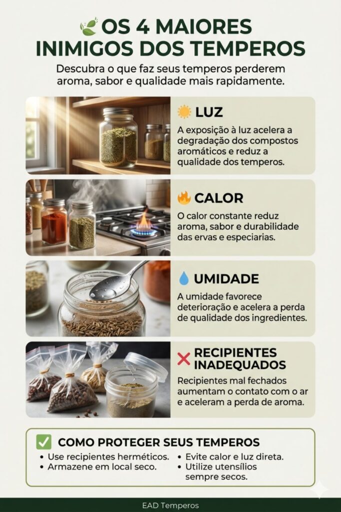 Infográfico mostrando luz, calor, umidade e recipientes inadequados como inimigos dos temperos