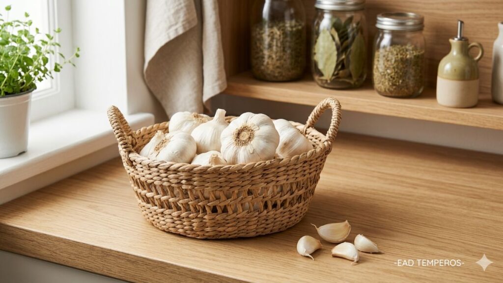 A cena mostra cabeças de alho inteiras armazenadas da forma correta para preservar qualidade, aroma e durabilidade.
Inclui:cabeças de alho inteiras e saudáveis;
cesta de fibra natural ou recipiente ventilado;
ambiente seco e organizado;
superfície de madeira clara;
alguns dentes de alho descascados próximos para contexto culinário.
O alho deve estar armazenado em local fresco, seco e bem ventilado.
