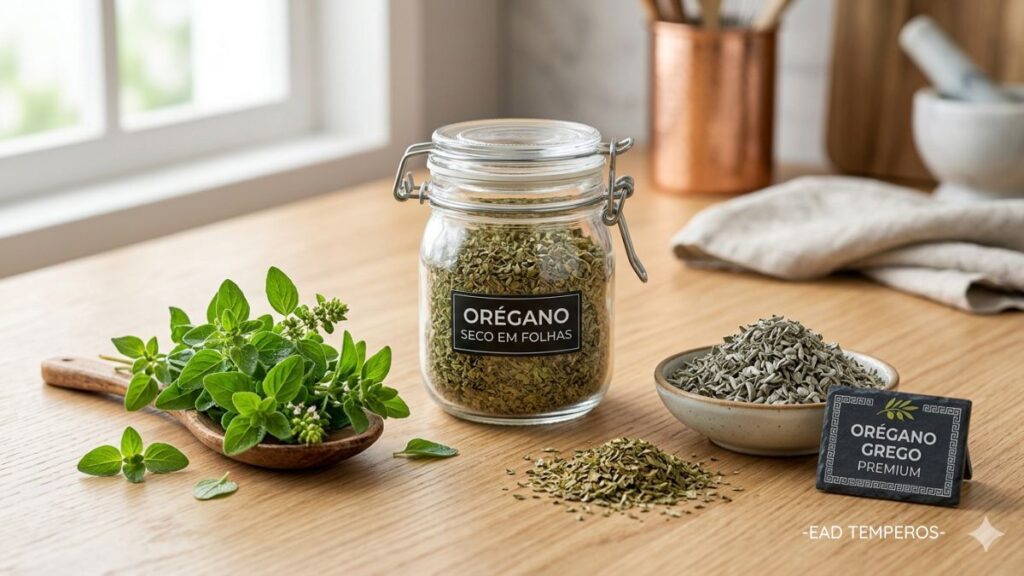 A cena destaca diferentes formas de apresentação do orégano de maneira organizada e educativa. Inclui:
orégano seco em folhas armazenado em pote de vidro hermético;
ramos frescos de orégano com folhas verdes vibrantes;
orégano grego identificado visualmente como variedade premium;
pequena porção de folhas secas soltas sobre uma superfície de madeira clara.