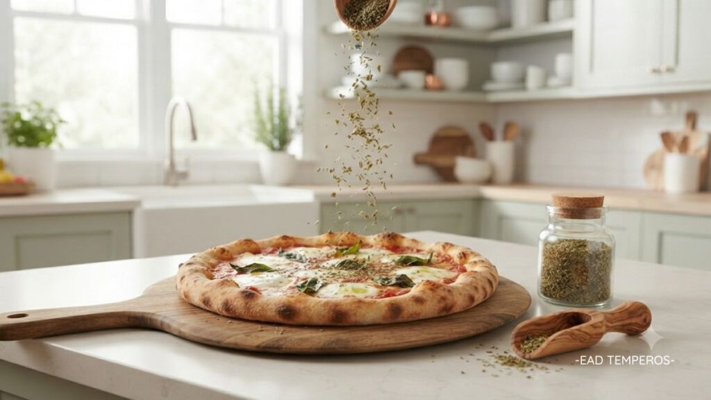 Orégano seco sendo utilizado para temperar uma pizza.
